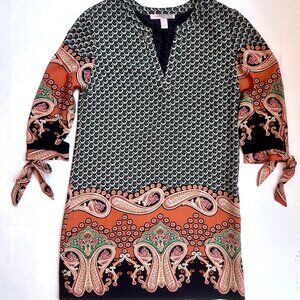 Retro Paisley Tunic Dress, 3/4 Sleeve w Ties, Lightly Lined, Size Small